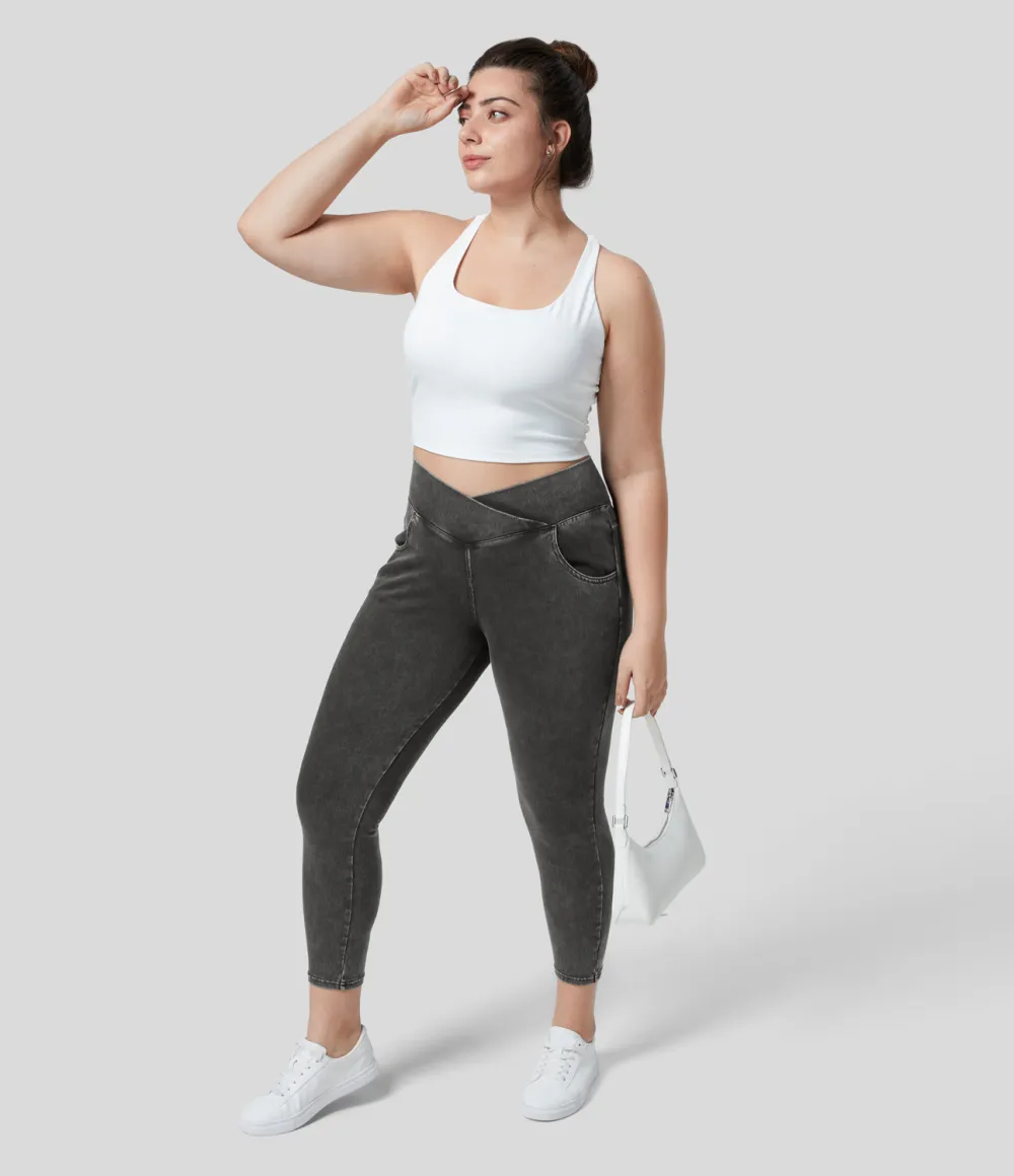 Magic High Waisted Crossover Multiple Pockets Stretchy Knit Denim 7/8 Plus Size Work Leggings