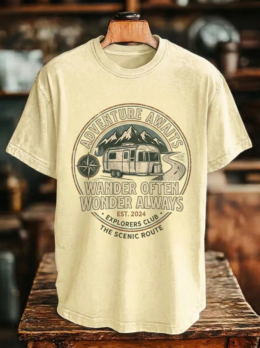 Unisex Camping Lover Adventure Awaits Camper Van Printed T-shirt