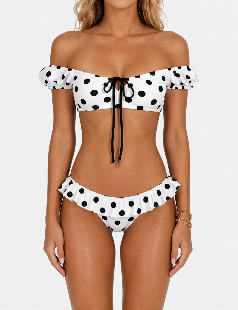 Polka Dots Puffed Short Sleeves Bikini Set