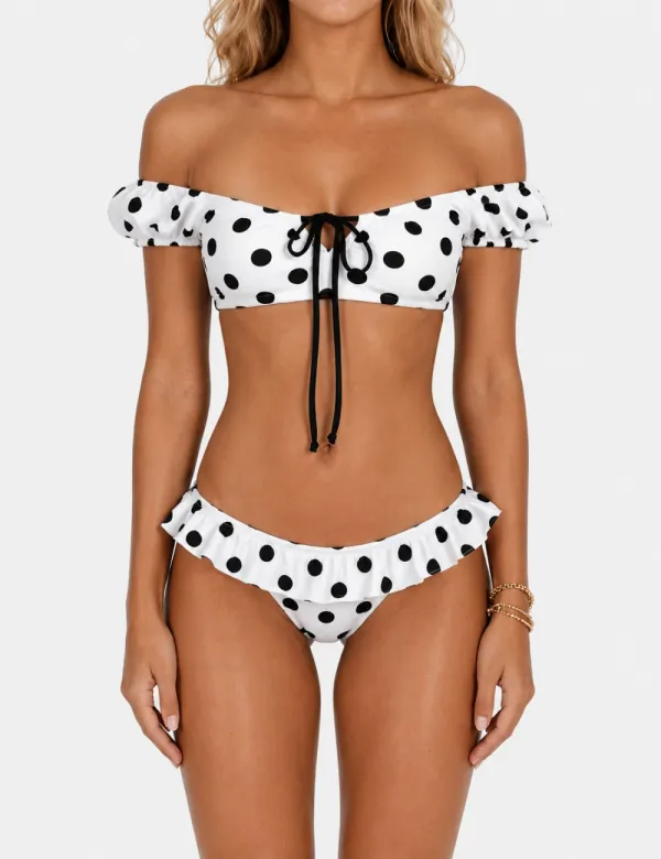 Polka Dots Puffed Short Sleeves Bikini Set