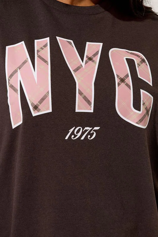 Chocolate Brown 'NYC' Check Sweatshirt detail 3