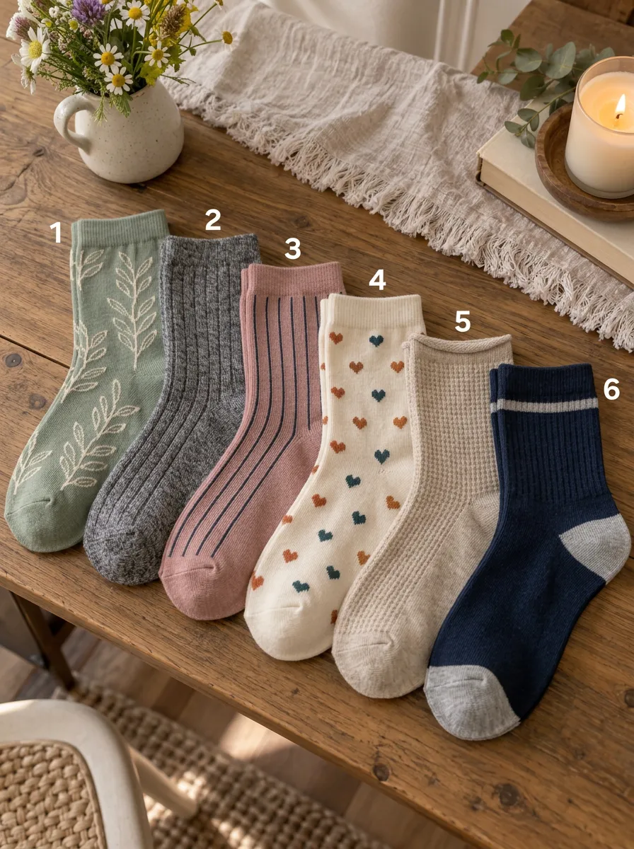 Women's Aesthetic Botanical Heart Striped Printed Crew Socks Set
