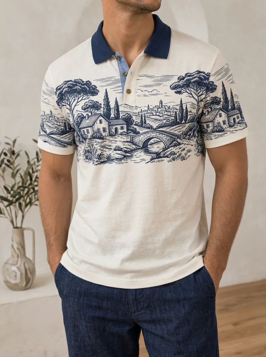 Men's Italian Landscape Village Bridge Printed Polo Shirt