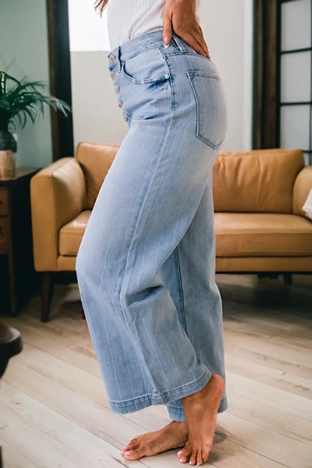 Women's Multi Buttons Pinstripe Wide Leg Jeans