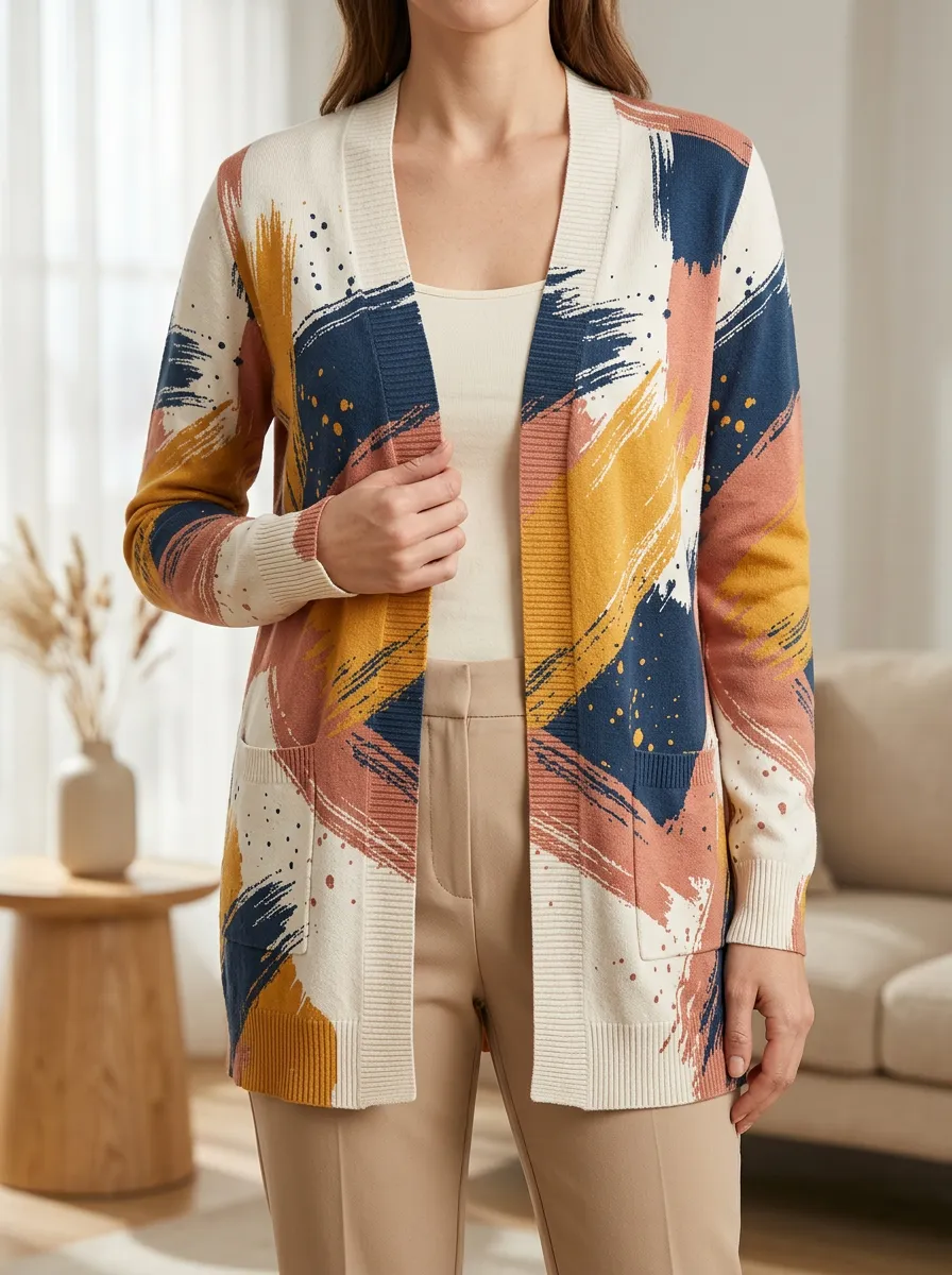Women's Abstract Brushstroke Pattern Printed Ribbed Trim Relaxed Everyday Cardigan