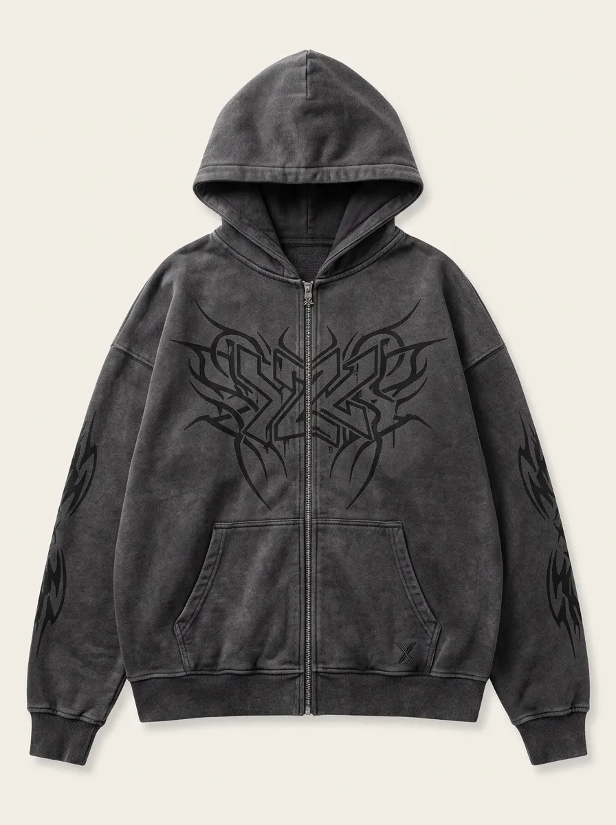 Unisex Streetwear Y2K Tribal Graphic Printed Zip-up Hoodie