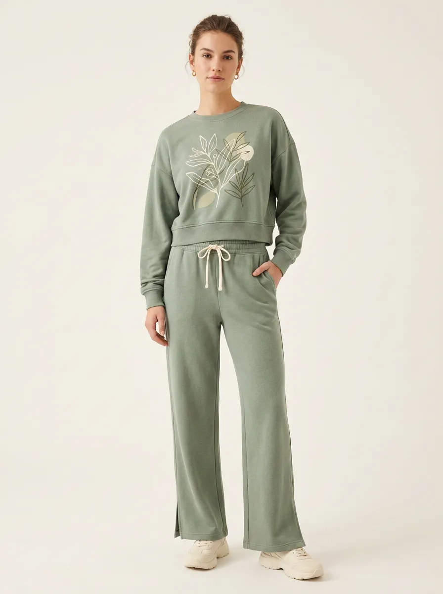 Women's Sage Green Botanical Line Art Printed Lounge Set