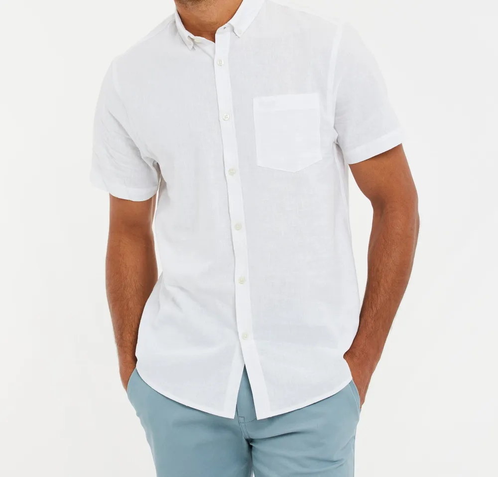 White Short-Sleeve Linen-Blend Shirt