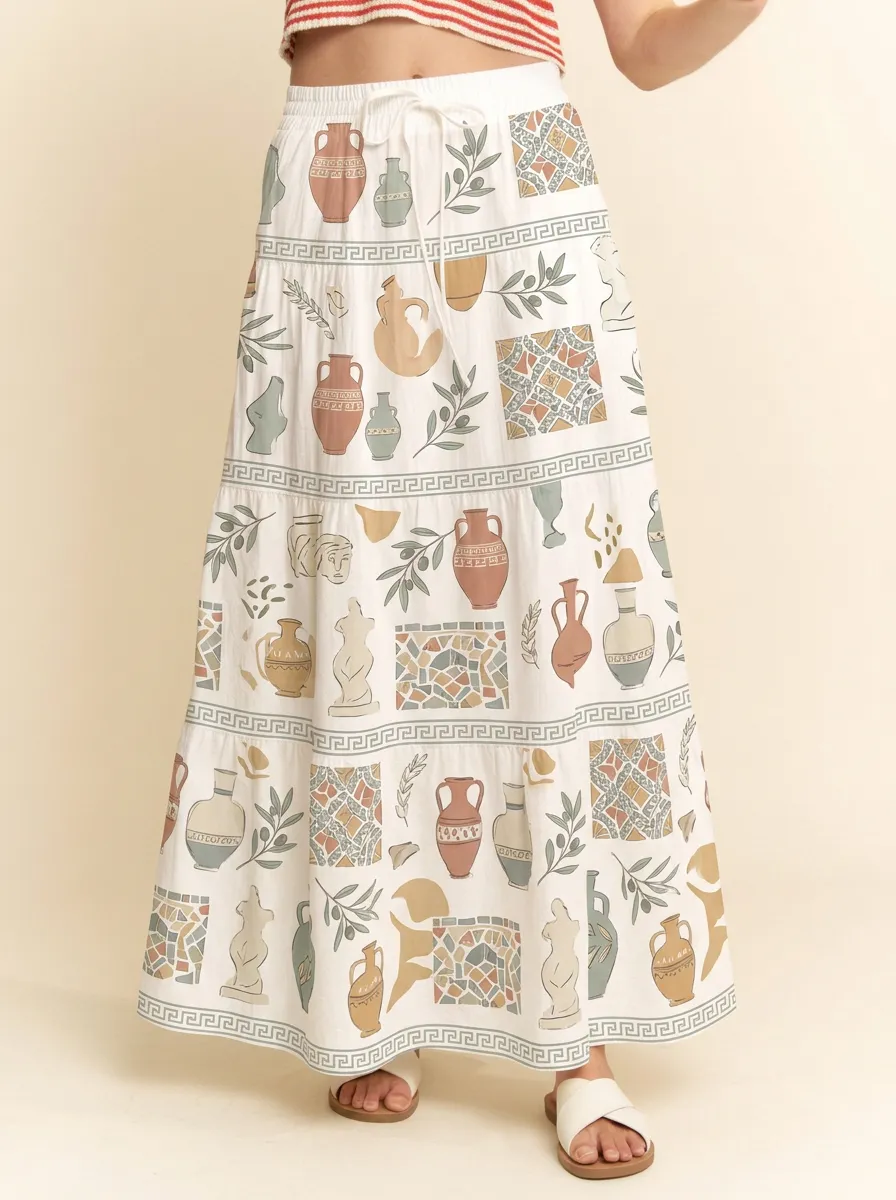 Women's Greek Art Lover Ancient Vase Mosaic Printed Maxi Skirt