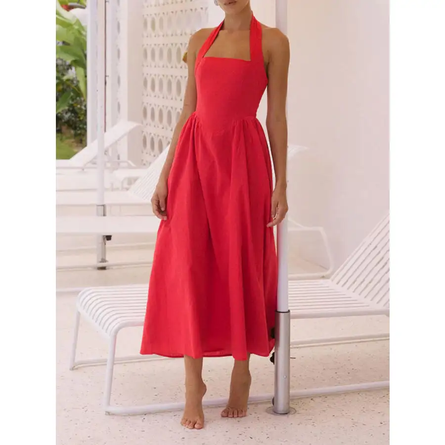 Ruched Halter Neck Midi Dress