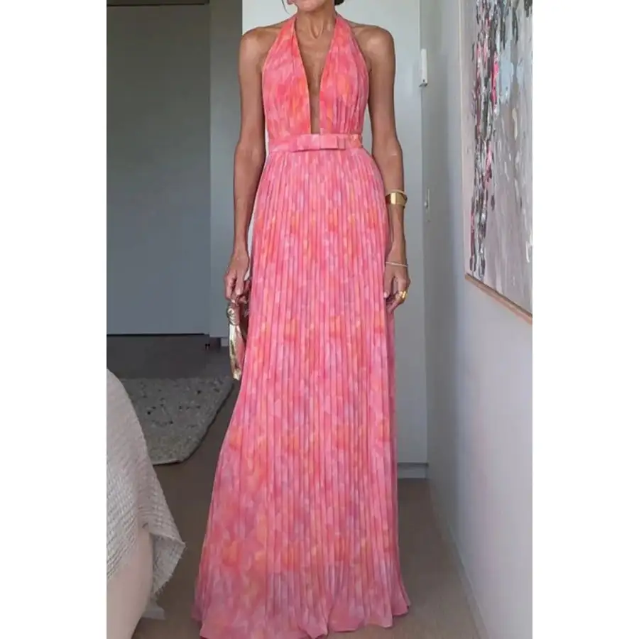 Soft Halter Neck Pleated Maxi Dress
