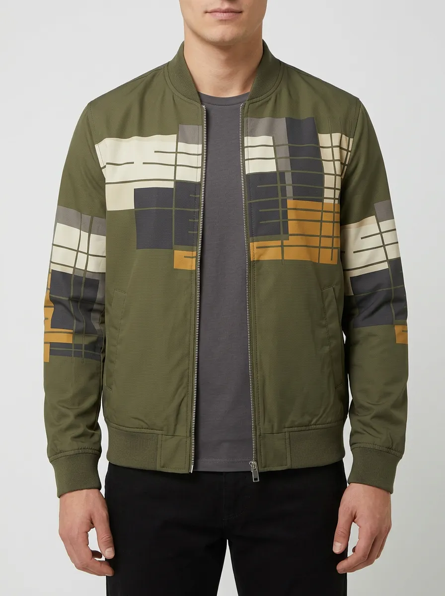 Geometric Print Baseball Collar Bomber Jacket