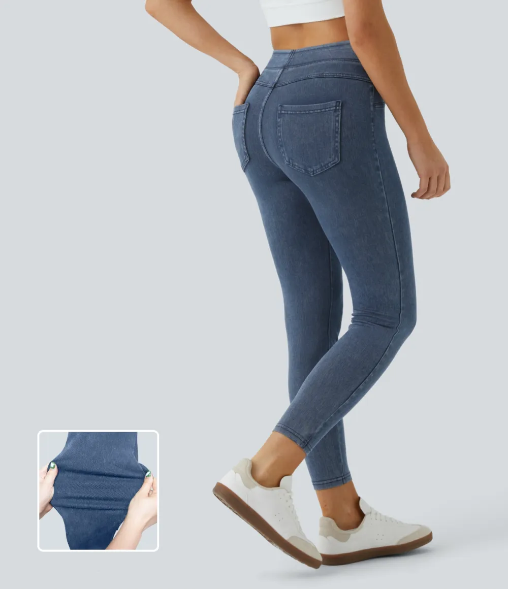 Magic High Waisted Back Side Pocket Stretchy Knit Denim Casual Leggings