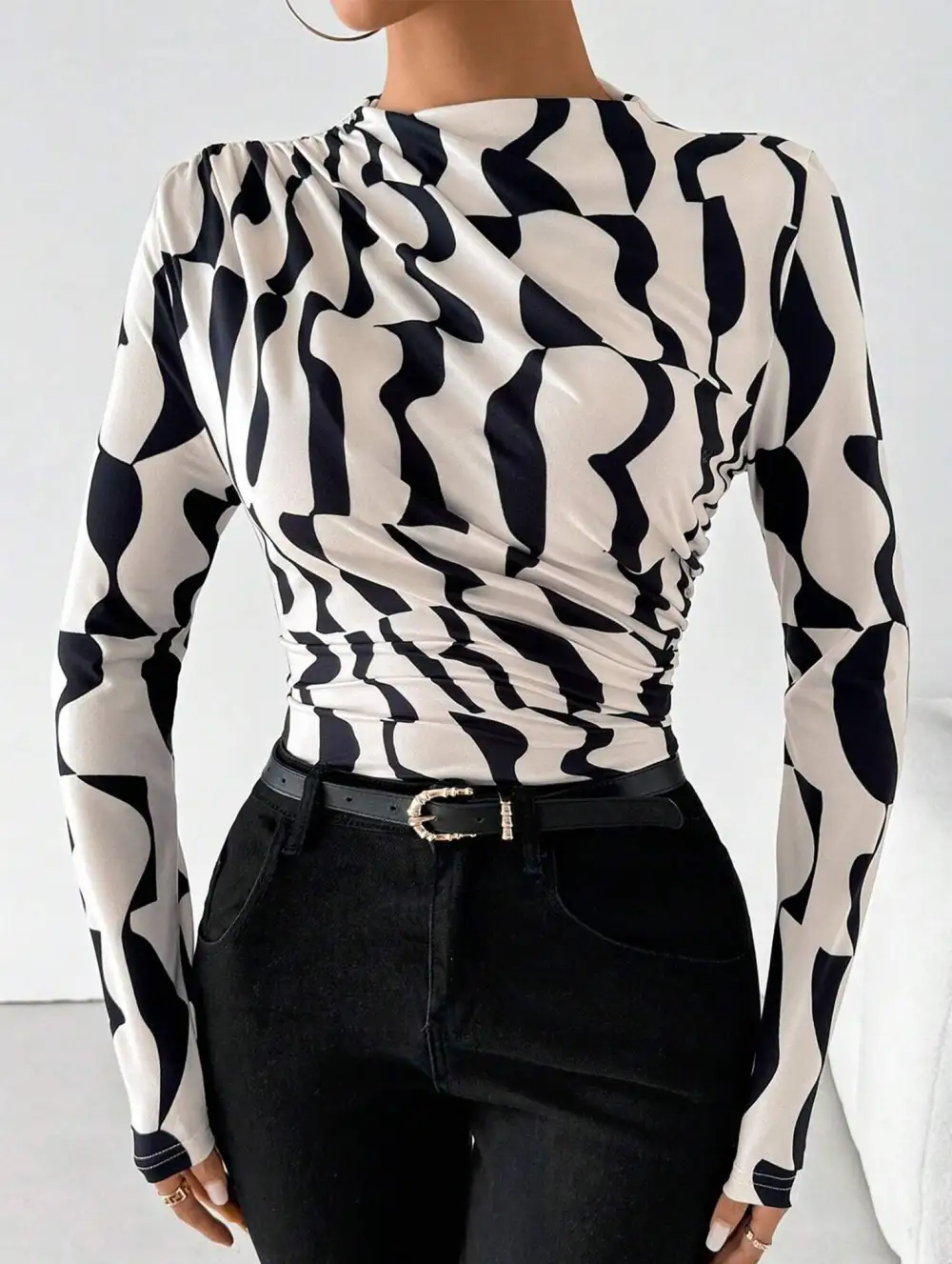 Ruffle Mock Neck Print Slim Top
