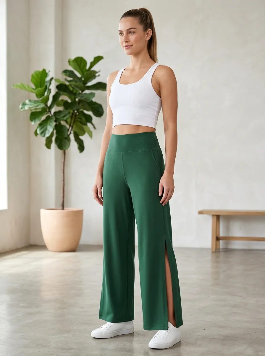 Women's Pocket Flexible Fit Wide Leg Side Slit Active Pants