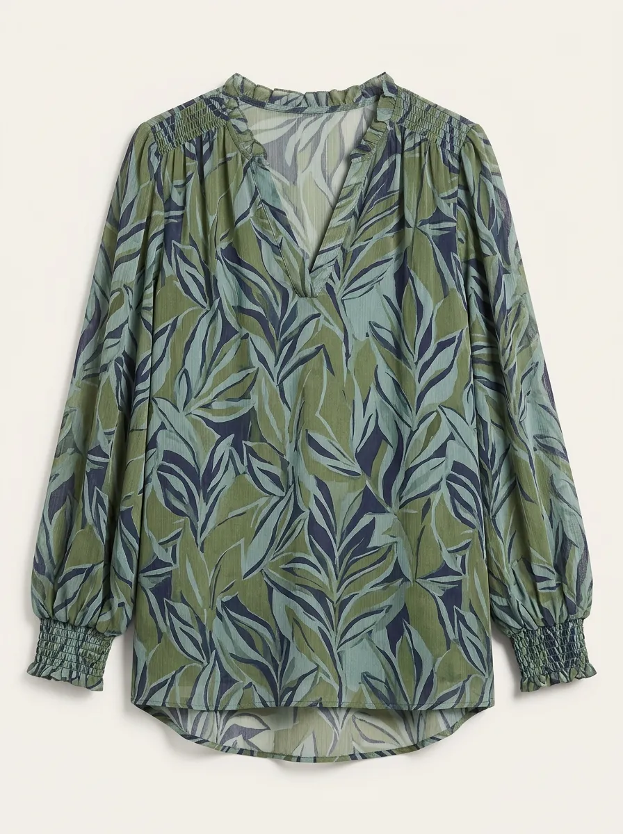 Women's Tropical Leaf Pattern Printed V-Neck Blouse