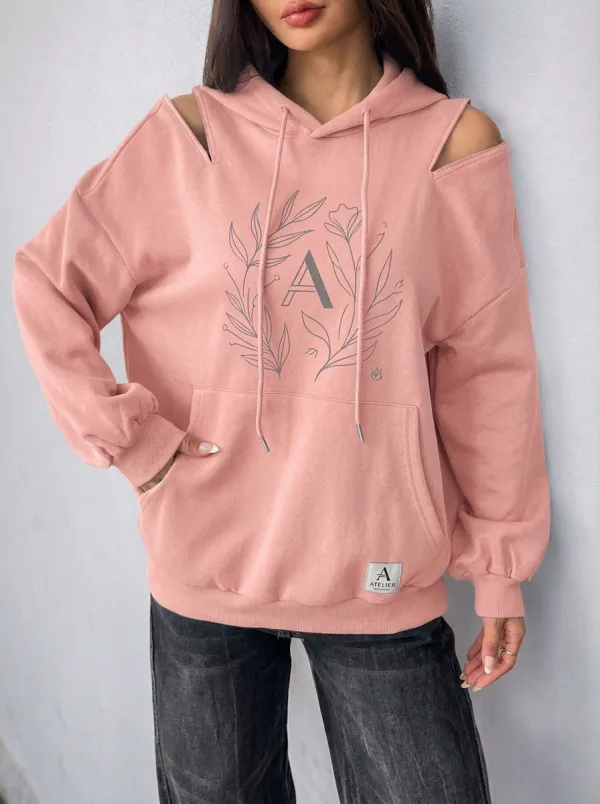 Women's Floral Initial A Monogram Printed Cold Shoulder Hoodie