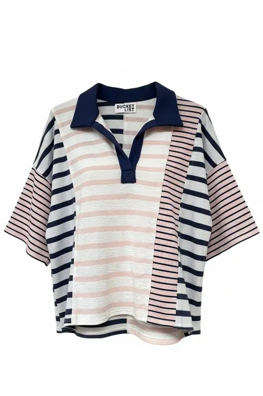 Stripe-Block Collar Short Sleeve Top