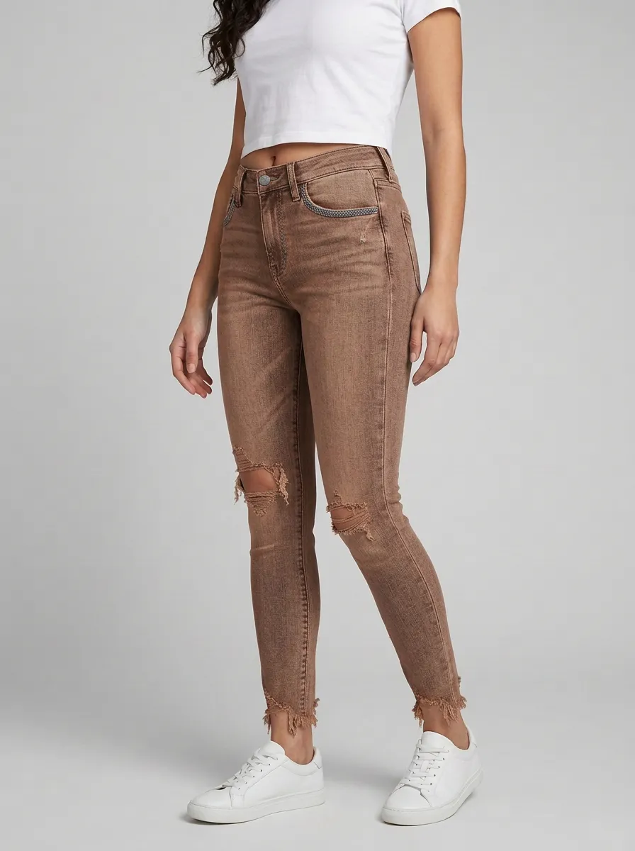Women's Distressed Ripped Frayed Hem Graphic Slim Jeans