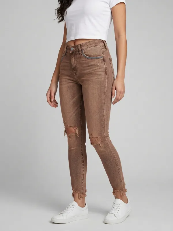 Women's Distressed Ripped Frayed Hem Graphic Slim Jeans