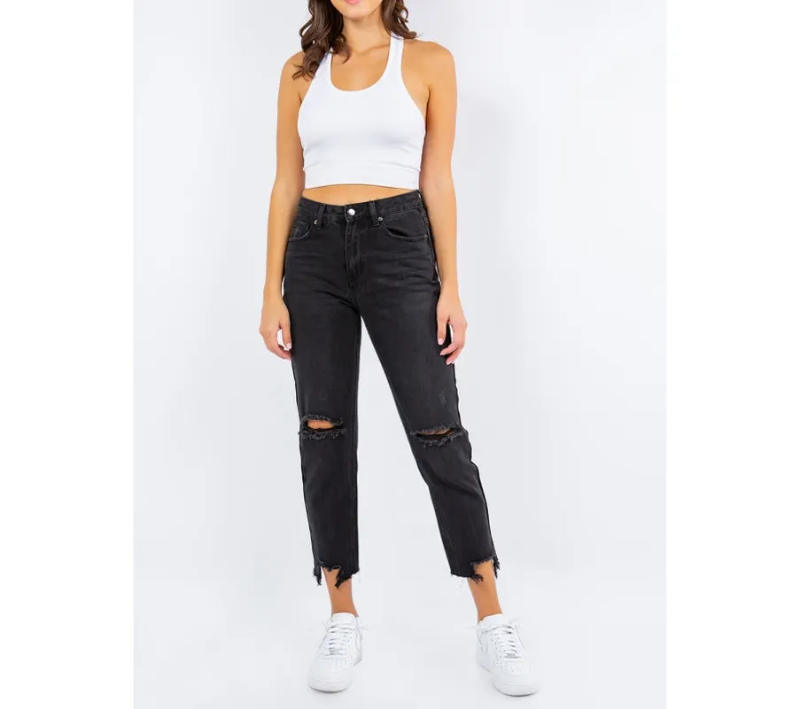 High-Waist Distressed Cropped Straight Jeans