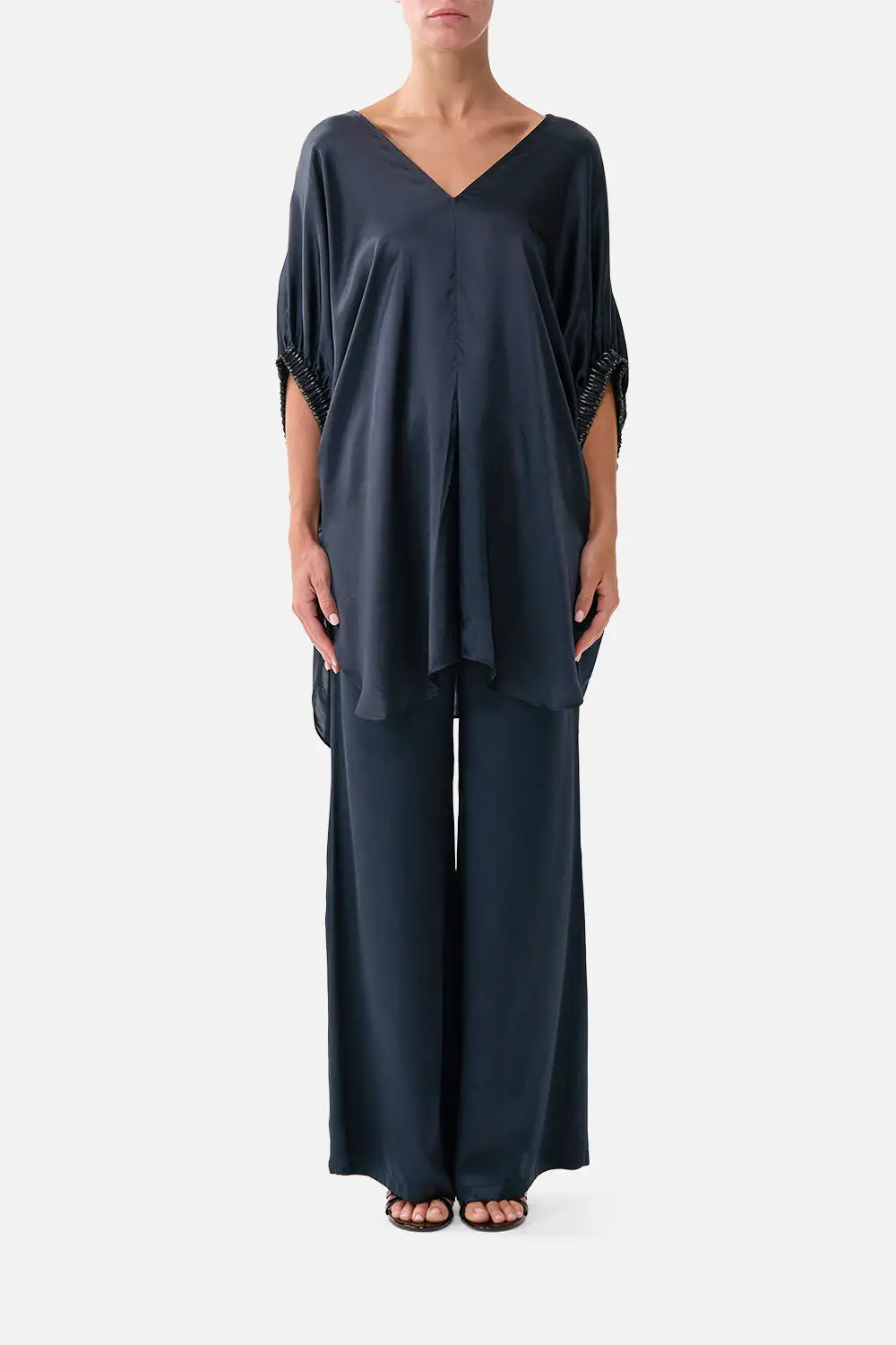 Gathered Cuff V-Neck Top