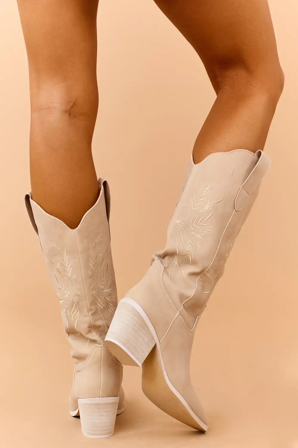 Beige Faux Suede Floral Embroidered Western Boots