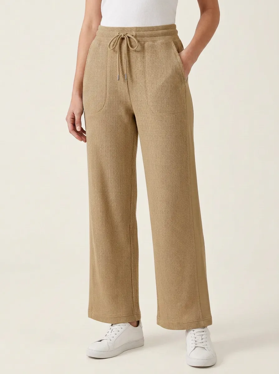 Women's Casual Beige Waffle Knit Drawstring Wide Leg Pants