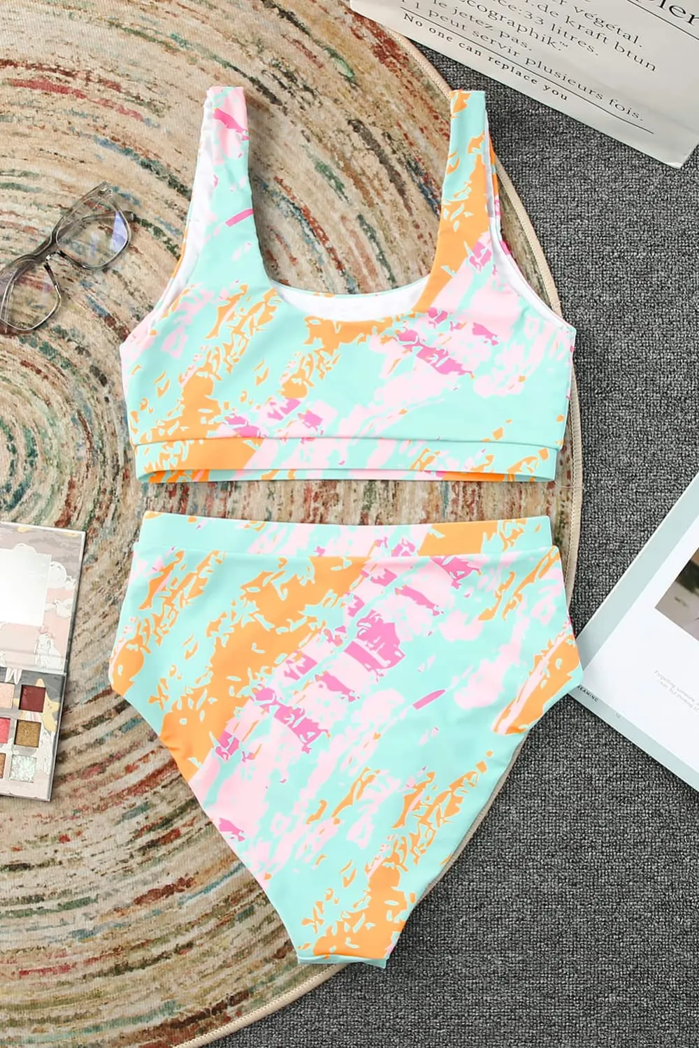 Swimwear Abstract Waves Print High Waist Bikini Swimsuit