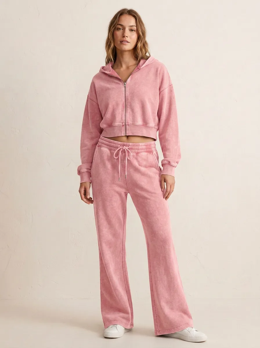 Women's Modern Washed Vintage Inspired Cropped Hooded Jacket and Flare Pants Active Set
