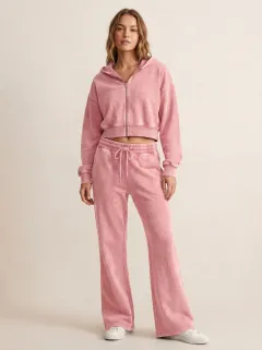 Women's Modern Washed Vintage Inspired Cropped Hooded Jacket and Flare Pants Active Set