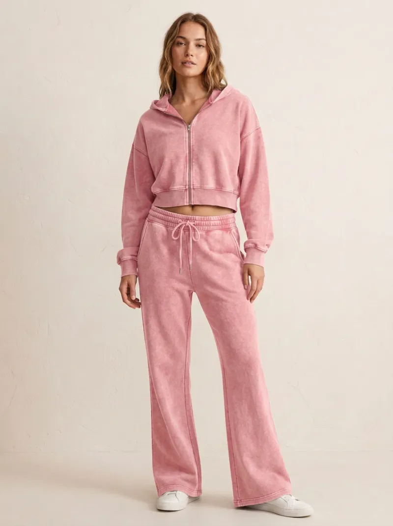 Women's Modern Washed Vintage Inspired Cropped Hooded Jacket and Flare Pants Active Set