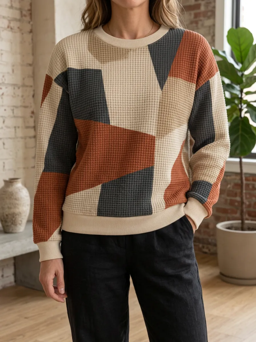 Women's Geometric Colorblock Waffle Knit Art-Inspired Crewneck Sweatshirt