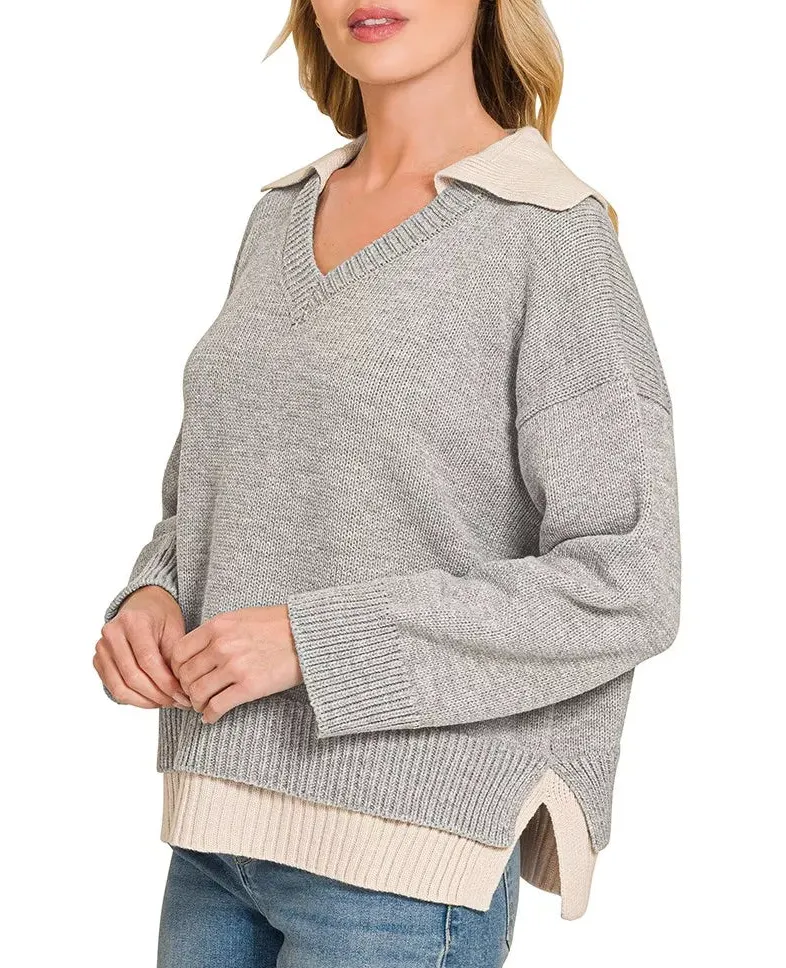 Dual-Look Collared V-Neck Sweater