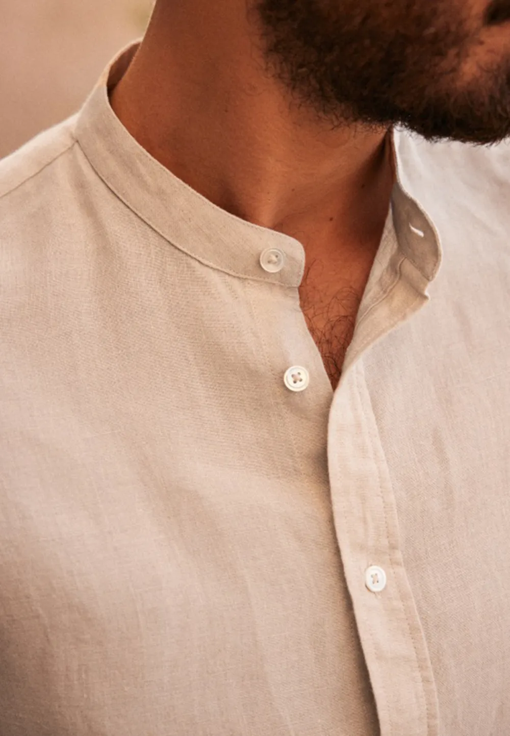 Cream Mandarin Collar Linen Blend Long Sleeve Shirt