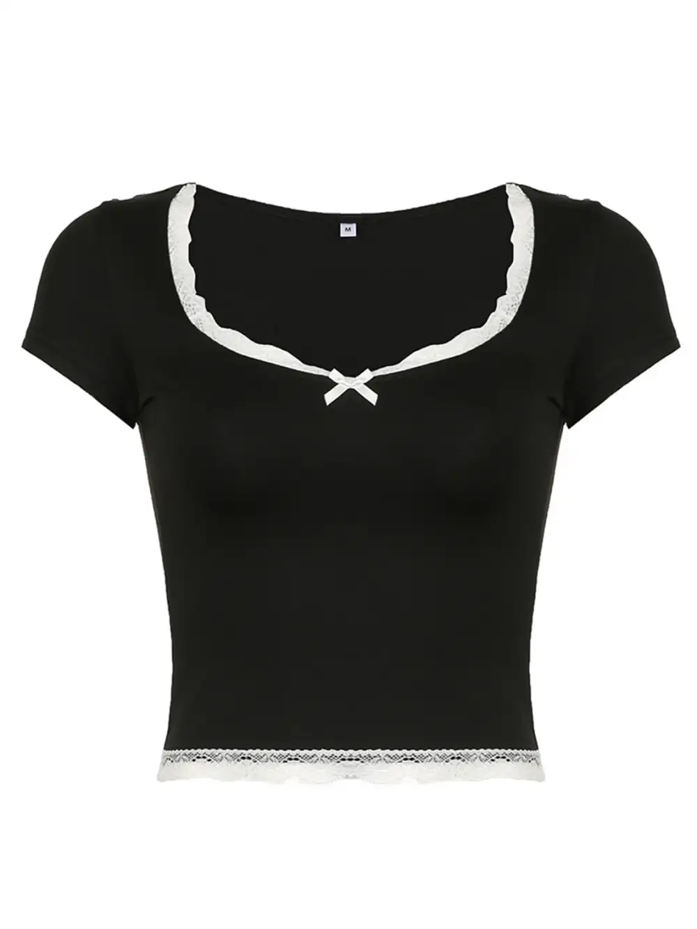 Short-Sleeve Bow-Detail Lace-Detail Cotton T-Shirt