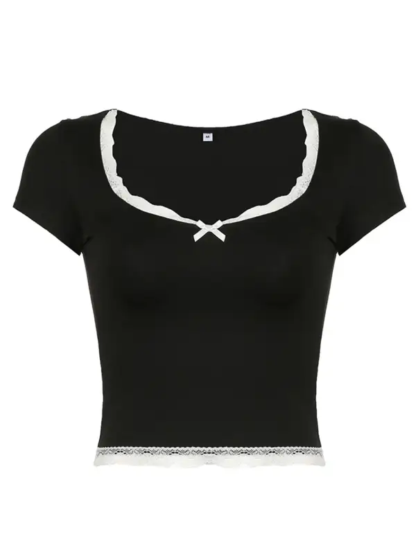 Short-Sleeve Bow-Detail Lace-Detail Cotton T-Shirt
