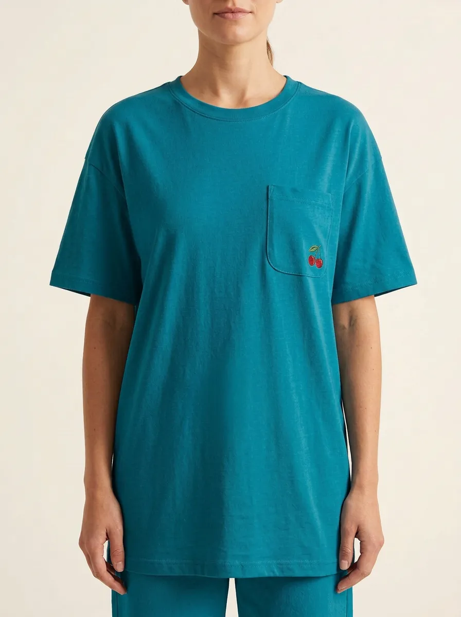 Women's Cherry Embroidered Pocket Crewneck T-Shirt