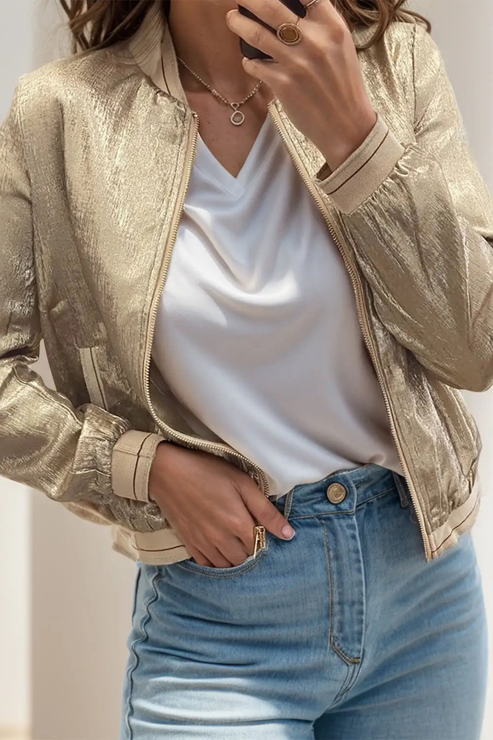 Zip-Up Collared Baseball-Collar Pocketed Jacket