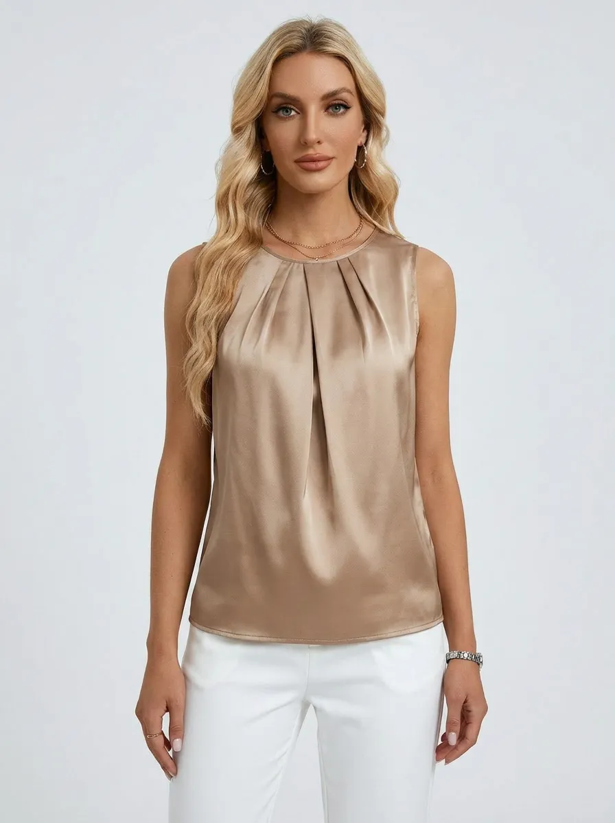 Pleated Sleeveless Satin Top