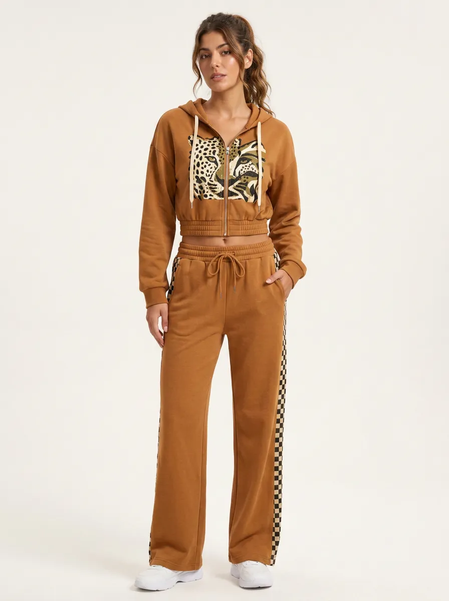 Women's Leopard Face Checkered Side Printed Tracksuit
