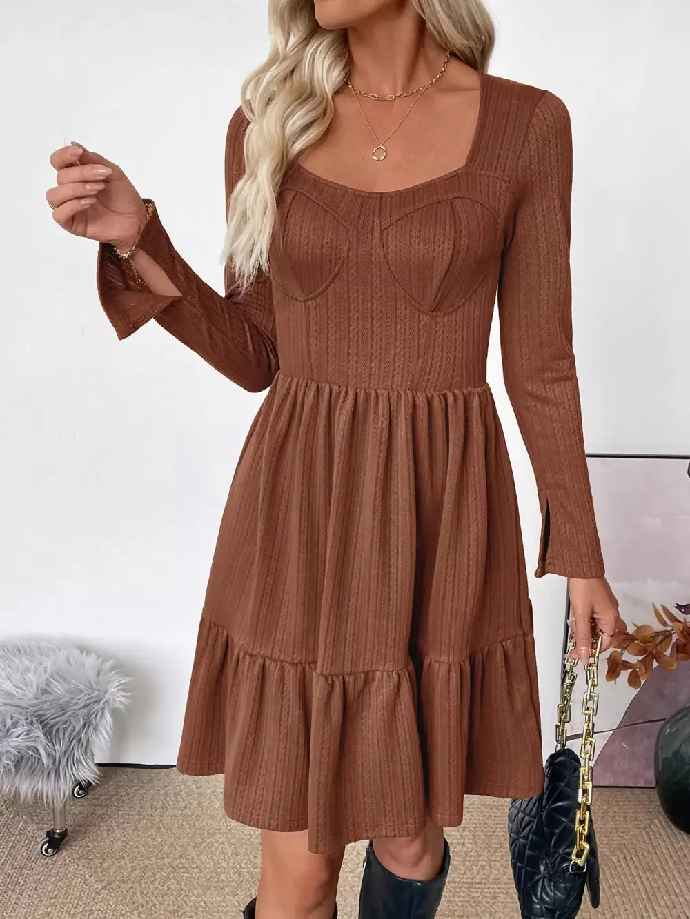 Knit Ruffle Long Sleeve Sweater Dress