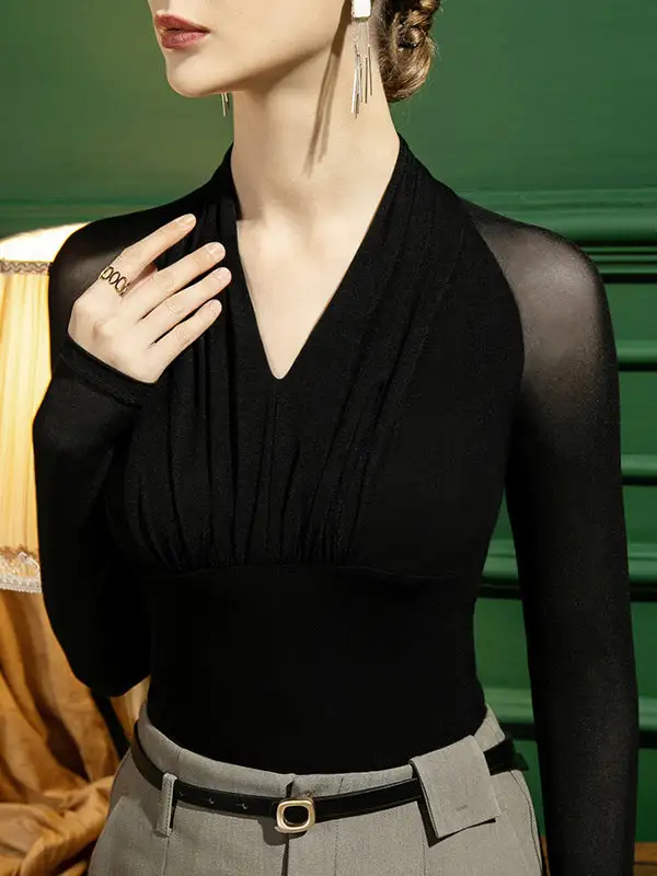 Casual Long Sleeve Slim Fit Mesh Pleat Detail Panel Detail V-Neck T-Shirt