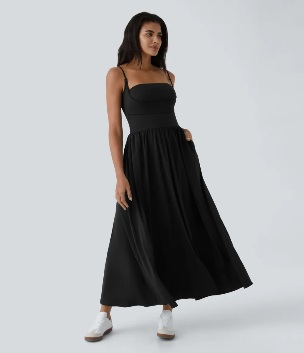 Breezeful Backless Side Pocket Plicated Flowy Flare Maxi Quick Dry Casual Slip Dress