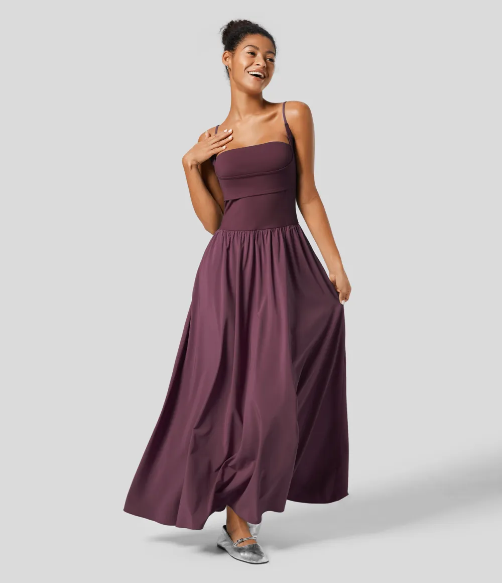 Breezeful Backless Side Pocket Plicated Flowy Flare Maxi Quick Dry Casual Slip Dress