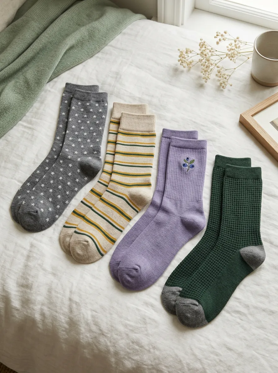 Women's Star Stripe Blueberry Waffle Patterned Crew Socks Set