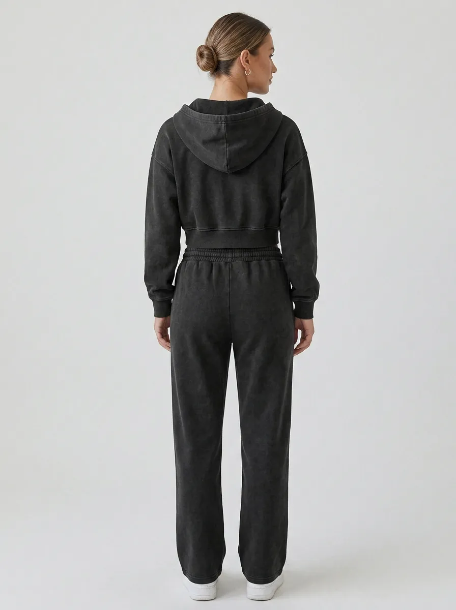 Vintage-Wash Jogger Sporty Women's Cropped Zip-Up Hoodie Jogger Active Set
