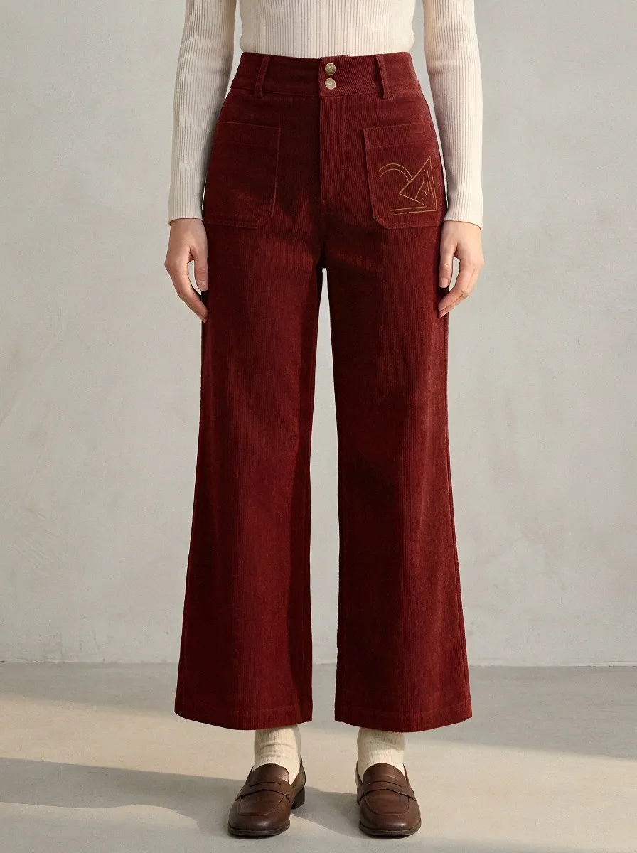 Women's Minimalist Geometric Logo Embroidered Corduroy Pants
