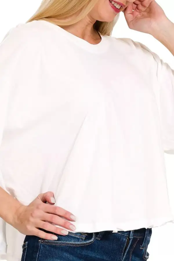 Round-Neck Short-Sleeve Ruffle-Sleeve Cotton T-Shirt