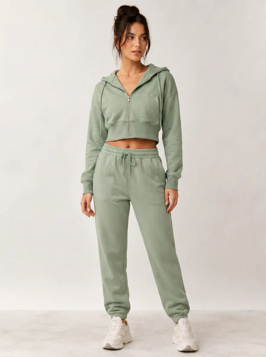 Women's Sage Green Solid Color Crop Zip Hoodie Jogger Set